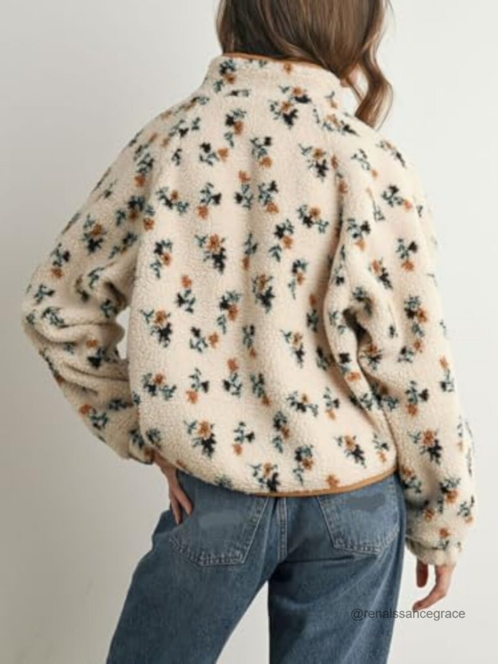 Women's Floral Print Fleece Jacket Snap Button Winter Teddy Cozy Casual - Picture 2 of 7